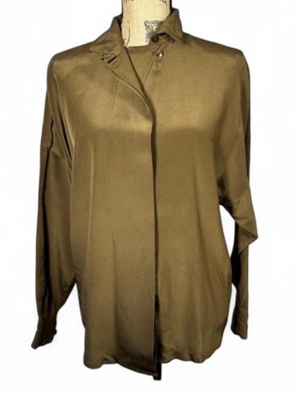 Linda Allard Ellen Tracy 100% Silk Olive High Neck Blouse Size 4 Vintage Career